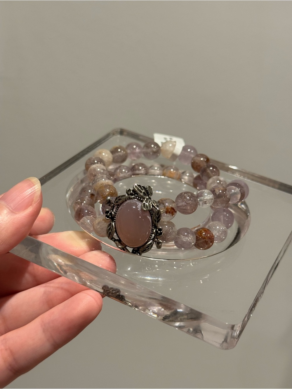 Handcrafted Pink Beaded Bracelet with Silver-tone Floral Accent